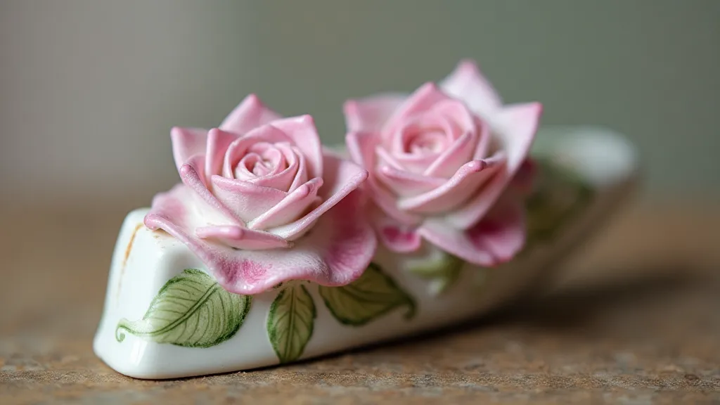 Close-up of a detailed hand-painted German porcelain pencil eraser depicting a floral scene.