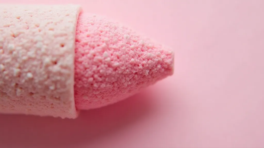 A macro shot of a single Pink Pearl eraser, showcasing the texture of the rubber and any surface imperfections.