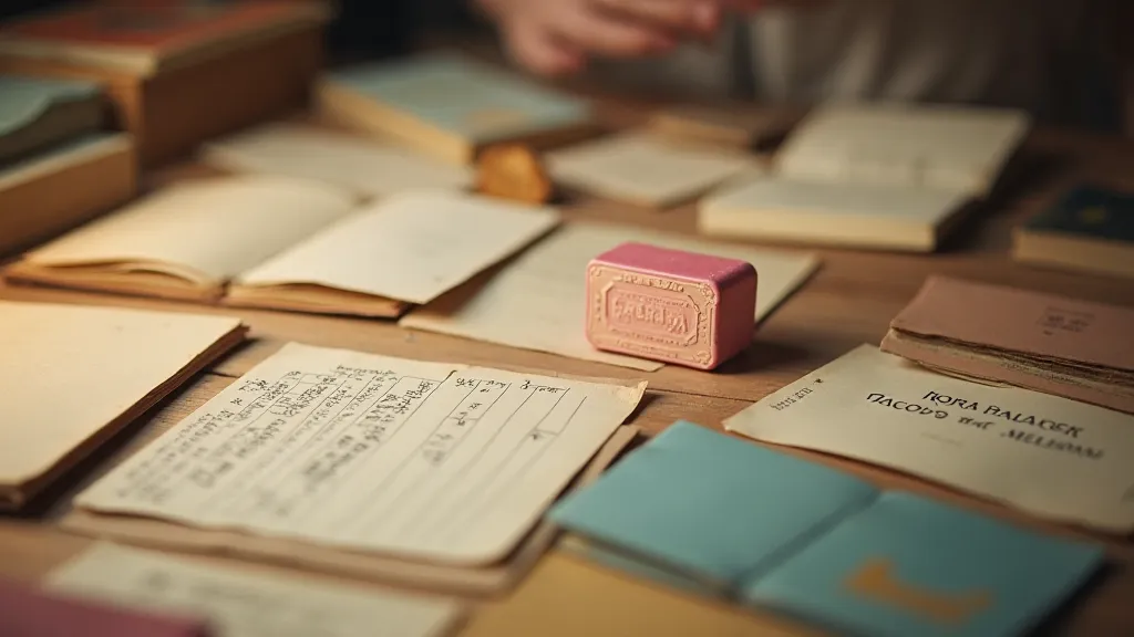 A collection of vintage stationery items, including pencil erasers, pencils, and other writing tools.